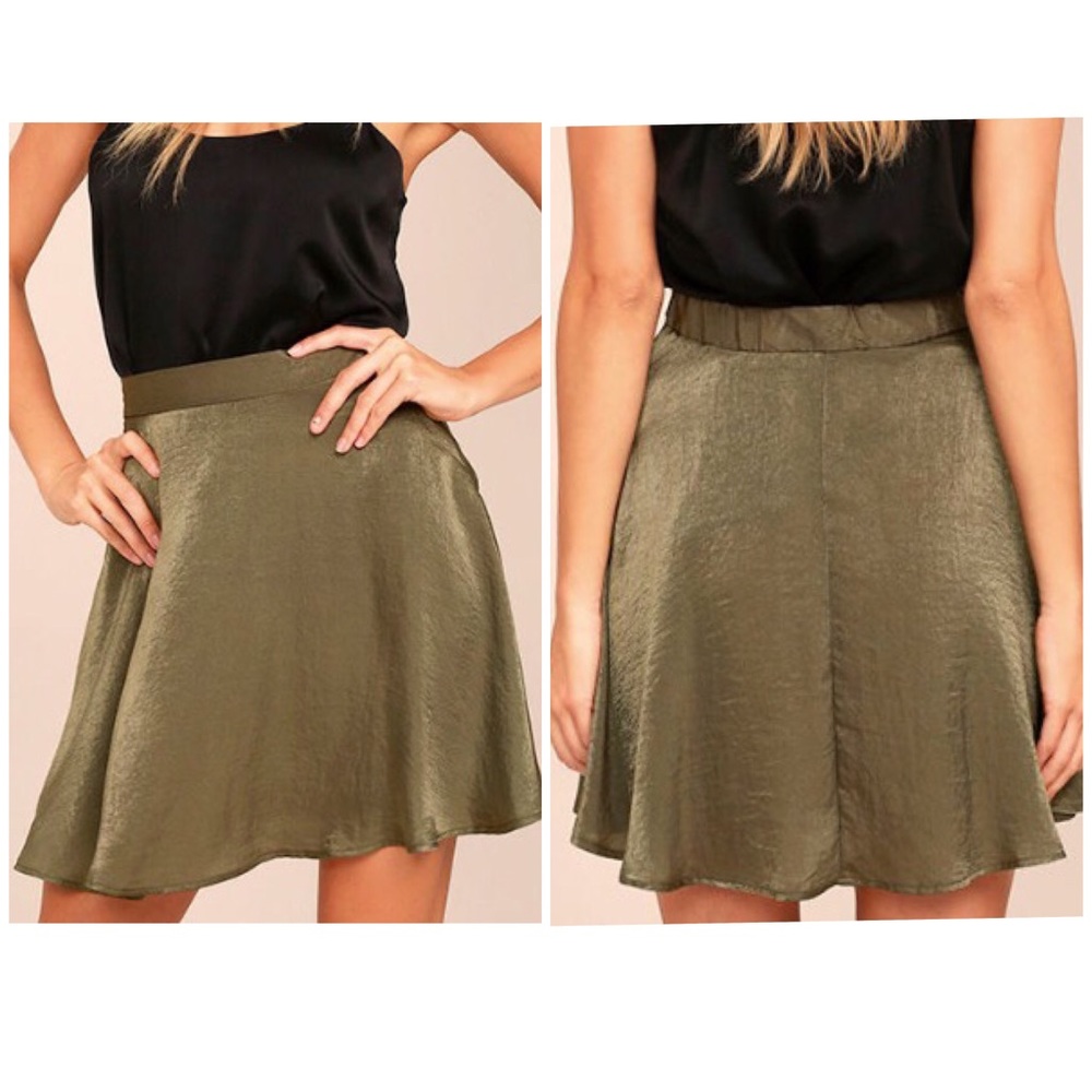 Lulus Satin Skater Olive Green Skirt